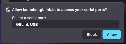 Firefox serial port picker showing GBLink USB selected
